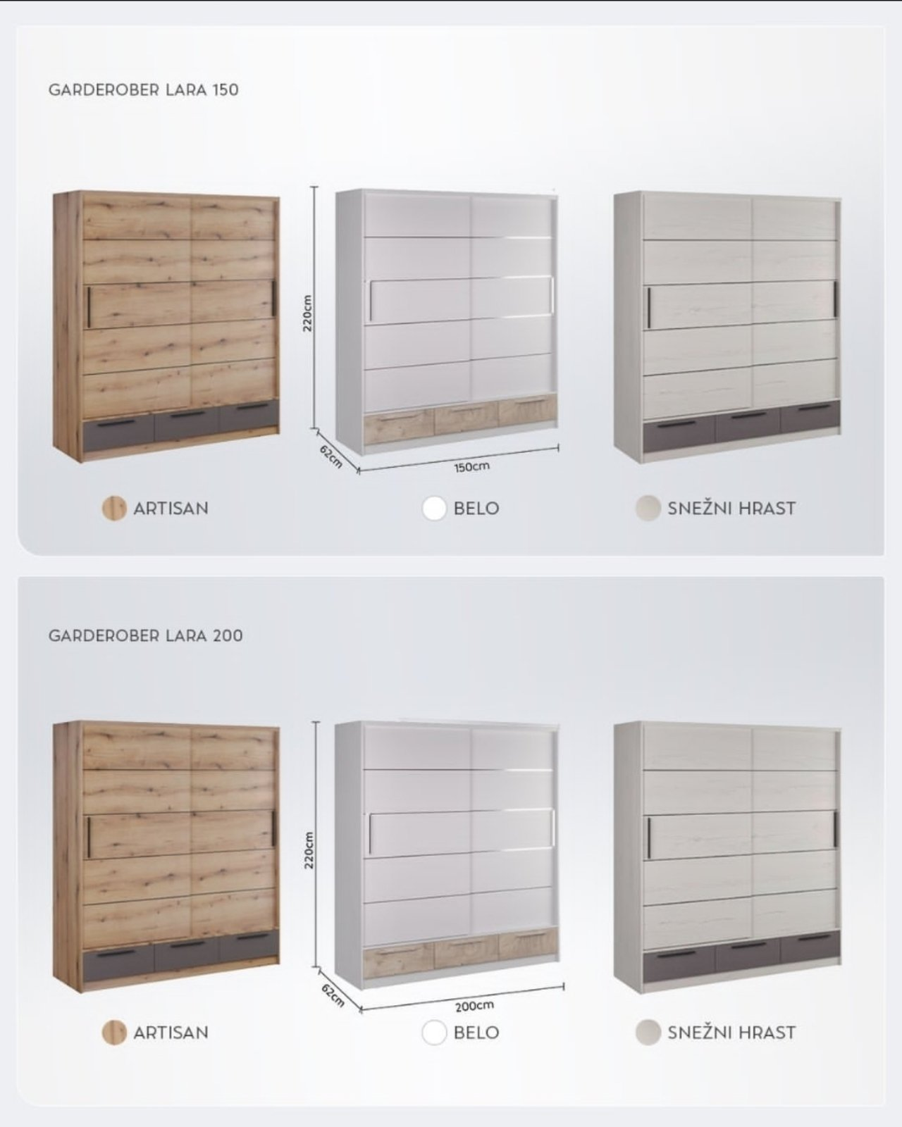 Garderober Lara 150 i 200 — Artisan, Belo, Snežni hrast